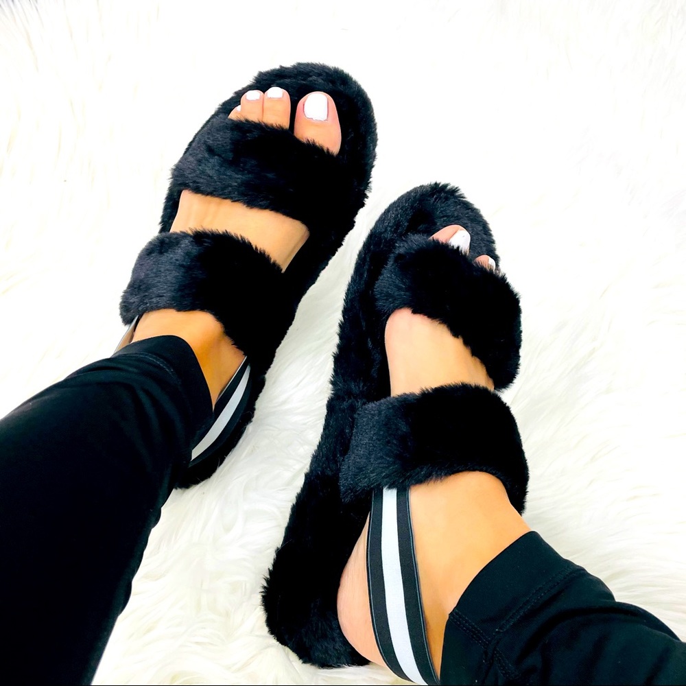 Women's Black Fuzzy Slide Sandals